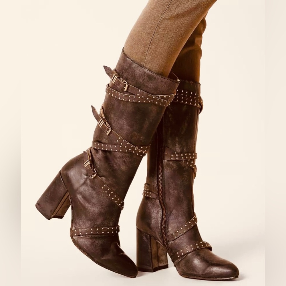 Freebird JAX Strappy Tall Distressed Leather Riding Boots Size 10 - Picture 4 of 16